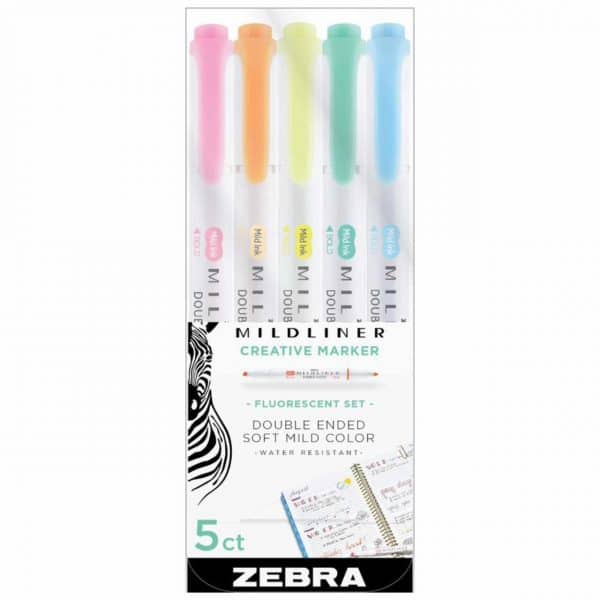 Zebra Mildliner Textmarker mit 2 Spitzen Fluorescent Set 5 Stück